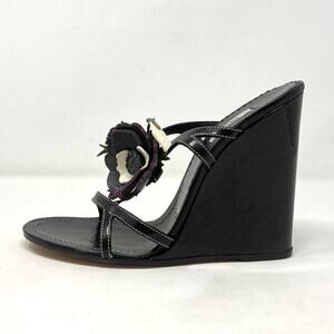 Prada‎ Black Patent Leather Wedge Sandals with Floral Detail, Size 37